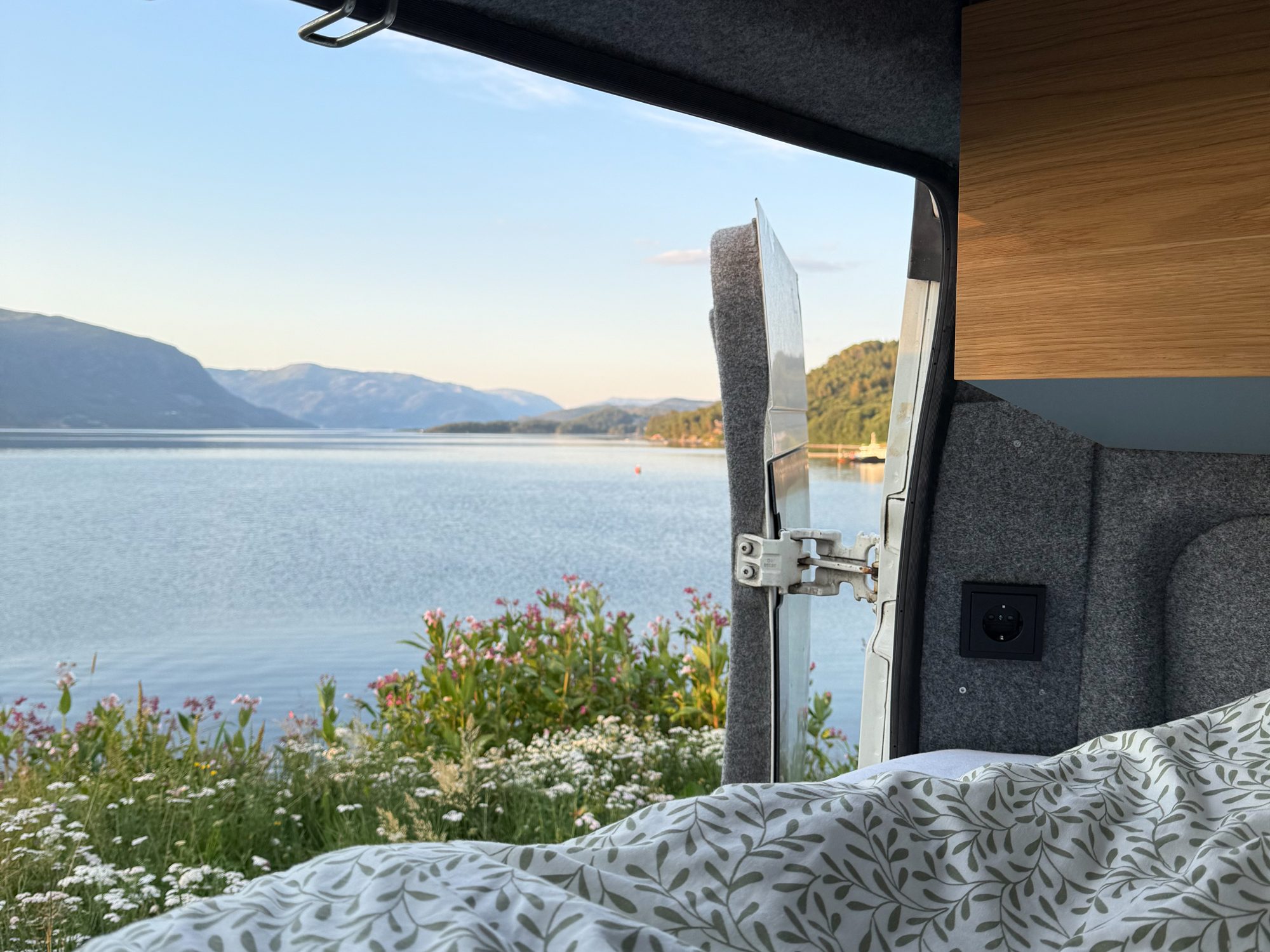 Blick aus dem Campervan in die Abendsonne